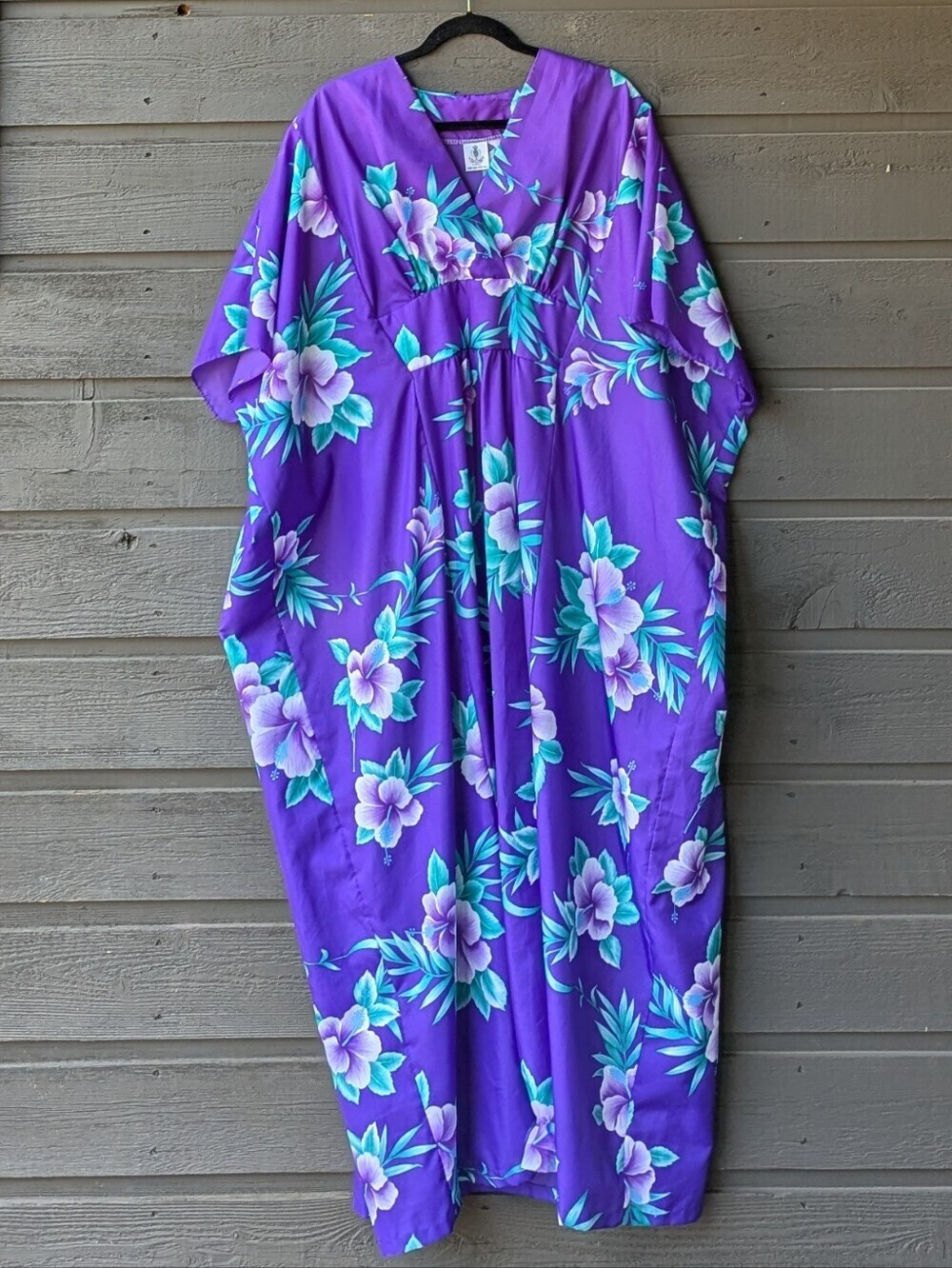 VTG 80s Royal Creations Hawaiian Tropical Hibiscus Caftan Maxi Dress Cover-Up